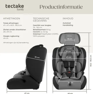 tectake Autostoel Kinderzitje Max 36 kg Donkergrijs