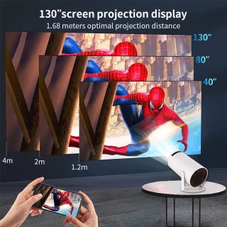 HY300-projector met WIFI6 en Bluetooth, 4K 1080P-ondersteuning met Android TV 11.0, mini-draagbare projector, 180° draaibare filmprojector, automatische keystone-functie, compatibel met laptop, pc en smartphone.