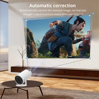 HY300-projector met WIFI6 en Bluetooth, 4K 1080P-ondersteuning met Android TV 11.0, mini-draagbare projector, 180° draaibare filmprojector, automatische keystone-functie, compatibel met laptop, pc en smartphone.
