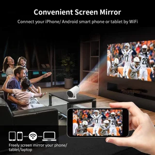 HY300-projector met WIFI6 en Bluetooth, 4K 1080P-ondersteuning met Android TV 11.0, mini-draagbare projector, 180° draaibare filmprojector, automatische keystone-functie, compatibel met laptop, pc en smartphone.