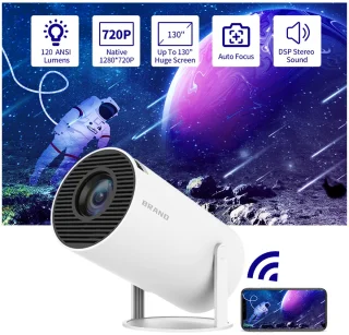 HY300-projector met WIFI6 en Bluetooth, 4K 1080P-ondersteuning met Android TV 11.0, mini-draagbare projector, 180° draaibare filmprojector, automatische keystone-functie, compatibel met laptop, pc en smartphone.