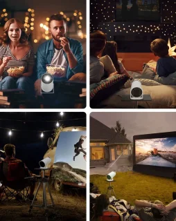 HY300-projector met WIFI6 en Bluetooth, 4K 1080P-ondersteuning met Android TV 11.0, mini-draagbare projector, 180° draaibare filmprojector, automatische keystone-functie, compatibel met laptop, pc en smartphone.