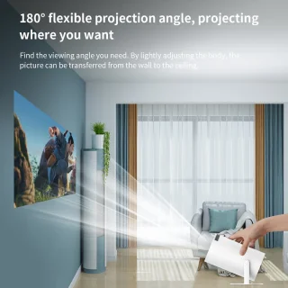 HY300-projector met WIFI6 en Bluetooth, 4K 1080P-ondersteuning met Android TV 11.0, mini-draagbare projector, 180° draaibare filmprojector, automatische keystone-functie, compatibel met laptop, pc en smartphone.