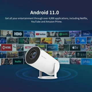 HY300-projector met WIFI6 en Bluetooth, 4K 1080P-ondersteuning met Android TV 11.0, mini-draagbare projector, 180° draaibare filmprojector, automatische keystone-functie, compatibel met laptop, pc en smartphone.