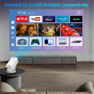 Draagbare mini-projector met wifi 6BT 5.4 en Android 11.0 - automatische keystone-correctie - 180 graden draaibare Smart Home Cinema projector - telefoon/tv-stick/laptop. Beamer