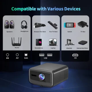 Beamer – Projector – Mini Beamer – Home Cinema – Smart Projector – 3000 Lumen Helderheid – 4K Ondersteuning & Android 12 – Ingebouwde Speakers & WiFi – 16:9 Beeldverhouding – Donkergrijs