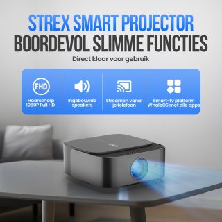 Wat vinden we goed aan de Strex Beamer - Smart 1080P Full HD Projector - 4K Ondersteuning - WiFi & Bluetooth - Ingebouwde Speakers - Draagbare Mini Beamer Thuisbioscoop - WhaleOS - Inclusief Opbergtas