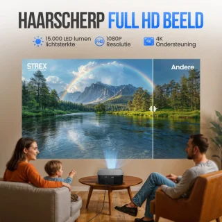Strex Beamer - Smart 1080P Full HD Projector - 4K Ondersteuning - WiFi & Bluetooth - Ingebouwde Speakers - Draagbare Mini Beamer Thuisbioscoop - WhaleOS - Inclusief Opbergtas