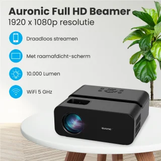 Auronic Beamer 10.000 Lumen - WiFi - 1080P Full HD - Streamen vanaf je telefoon - Smart Mini Beamer - HDMI-kabel - Afstandsbediening en Projectiescherm - Zwart