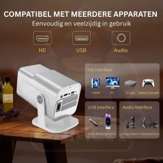 Projector met 4K-ondersteuning – 1080P HD Mini Beamer voor Films, Games & Presentaties – Inclusief 2 Draadloze Gamecontrollers - WiFi6 & Bluetooth 5.4