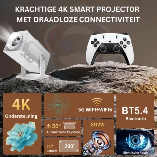 Projector met 4K-ondersteuning – 1080P HD Mini Beamer voor Films, Games & Presentaties – Inclusief 2 Draadloze Gamecontrollers - WiFi6 & Bluetooth 5.4