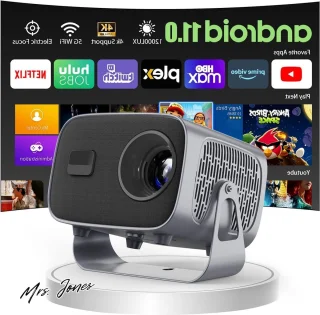 Mrs. Jones 360° draaibare mini-beamer 1080p Android 11.0 wandprojector met luidspreker Netflix auto-focus 2 + 16 GB tv-beamer bluetooth - krachtige projectie .