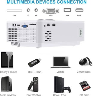 De Mini Beamer, Home Cinema Beamer Ondersteunt 1080P Full HD, 7000 Lumen Video Beamer met 300'' Display, 120000 uur LED Projector Compatibel met HDMI/USB/SD/AV/VGA in één oogopslag