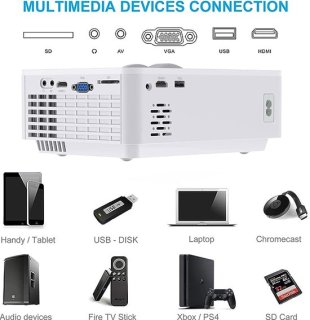 Mini Beamer, Home Cinema Beamer Ondersteunt 1080P Full HD, 7000 Lumen Video Beamer met 300'' Display, 120000 uur LED Projector Compatibel met HDMI/USB/SD/AV/VGA review