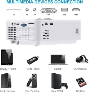 Mini Beamer, Home Cinema Beamer Ondersteunt 1080P Full HD, 7000 Lumen Video Beamer met 300'' Display, 120000 uur LED Projector Compatibel met HDMI/USB/SD/AV/VGA