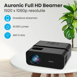 Auronic Beamer 10.000 Lumen - WiFi Projector - 1080P Full HD Streamen vanaf je telefoon - Smart Mini Beamer - HDMI-kabel - Afstandsbediening - Zwart