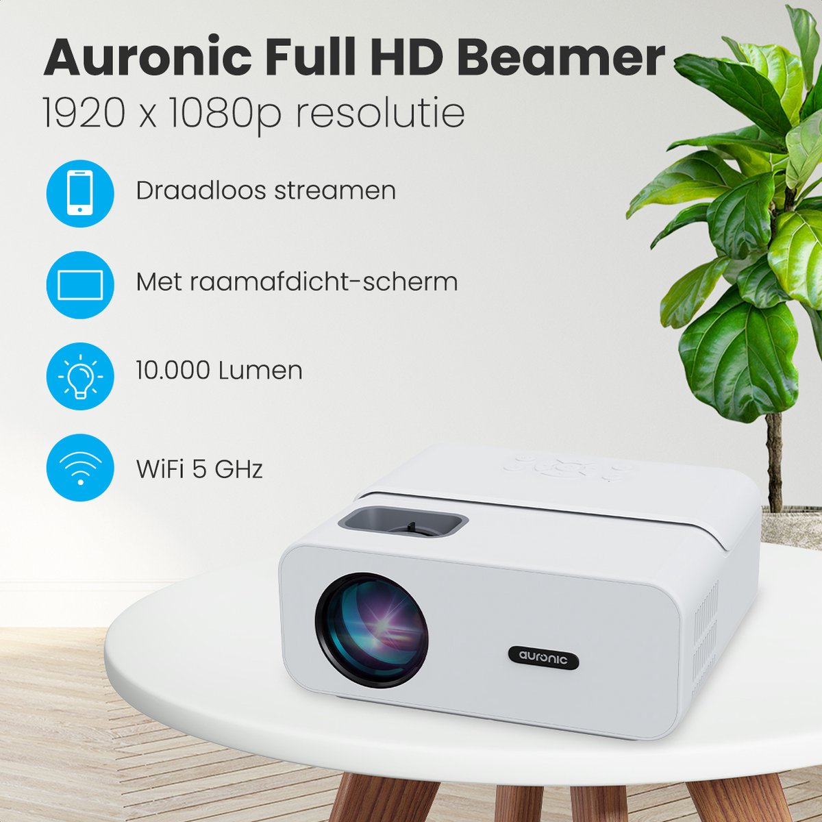 Auronic Beamer 10.000 Lumen Full HD WiFi Smart Mini Beamer Wit