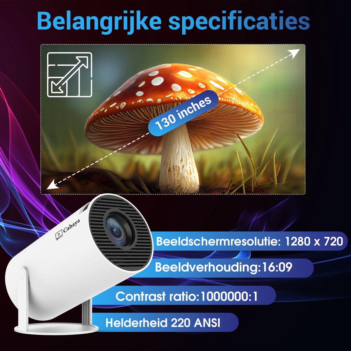 Cahaya 2025 Pro Mini Beamer met Android 11.0