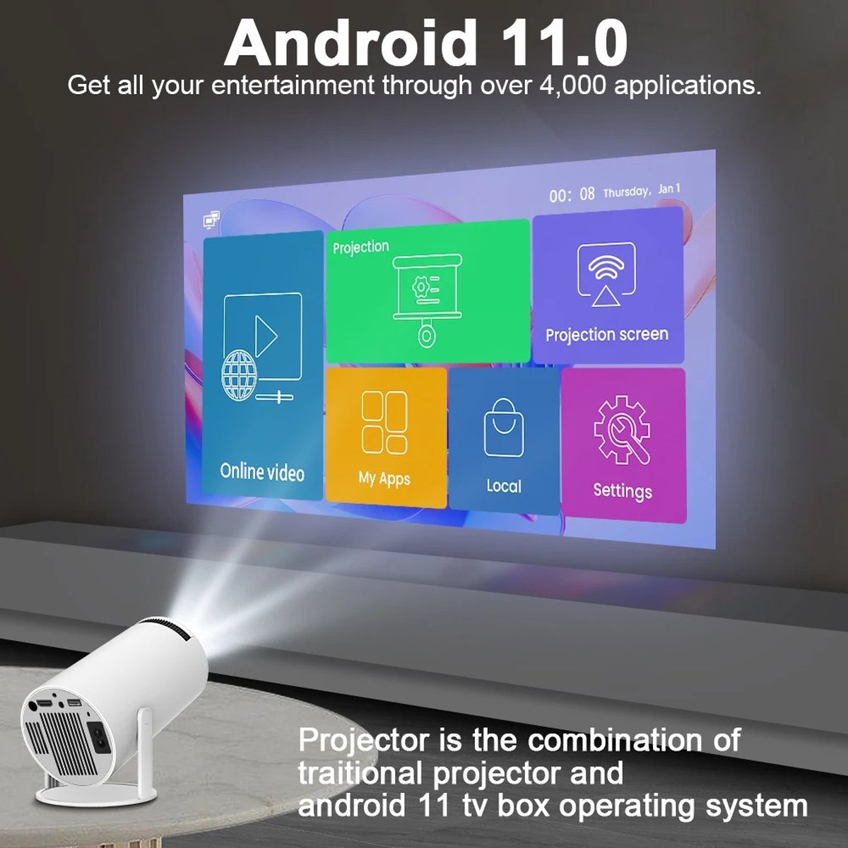 Collox Mini Beamer 4K Android 11 Grijs