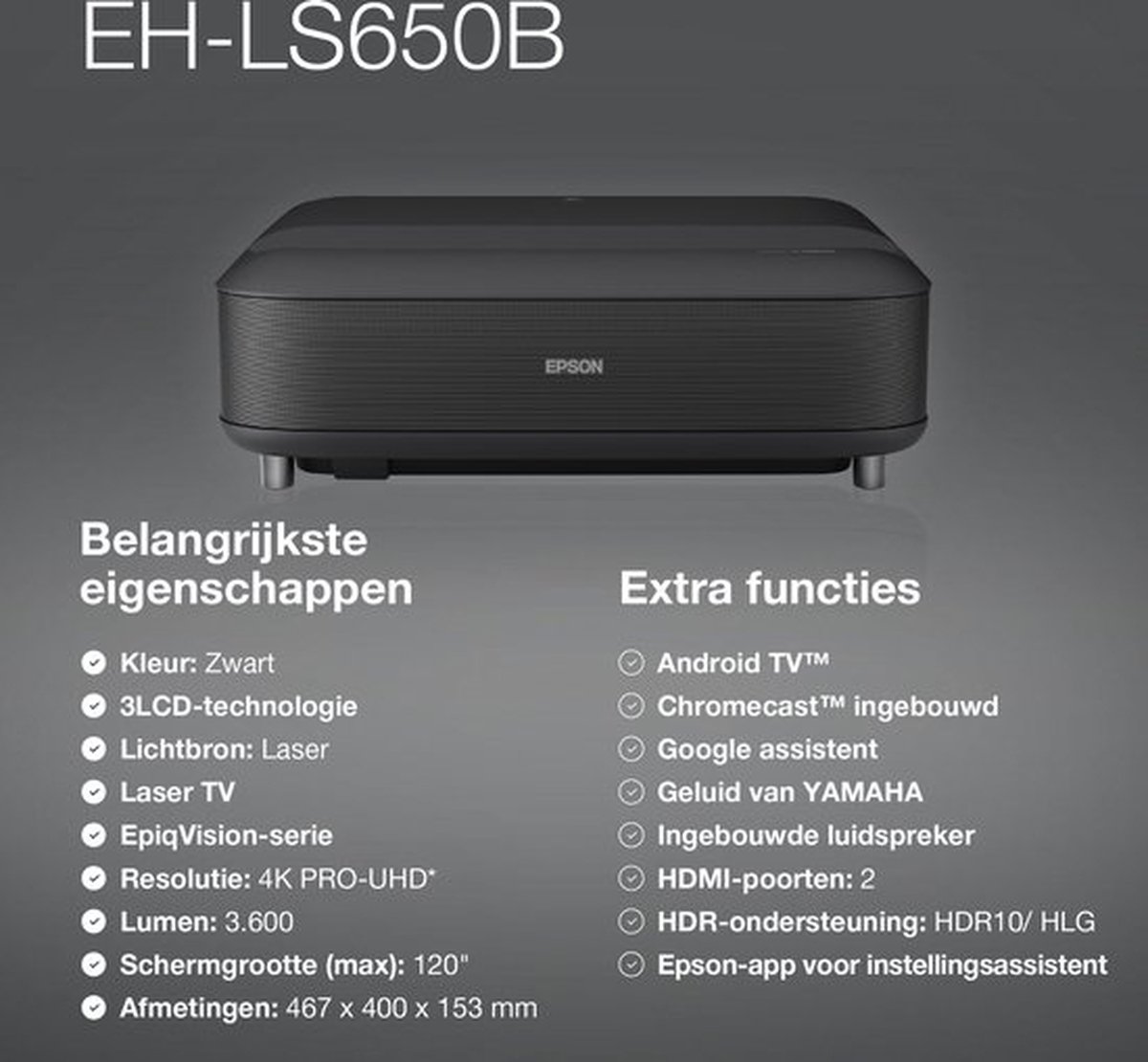 Epson EpiqVision Ultra EH-LS650B beamer zwart