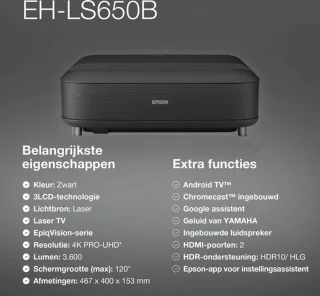 Epson EpiqVision Ultra EH-LS650B beamer zwart