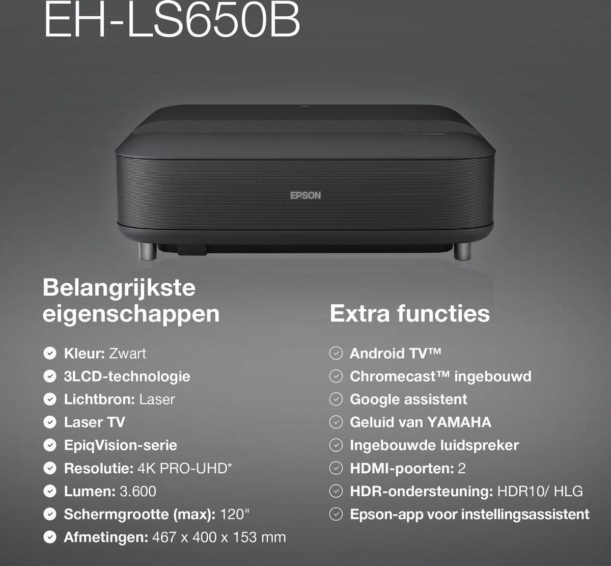 Epson EpiqVision Ultra EH-LS650B beamer zwart