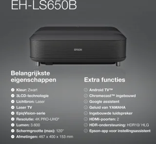 Epson EpiqVision Ultra EH-LS650B beamer zwart