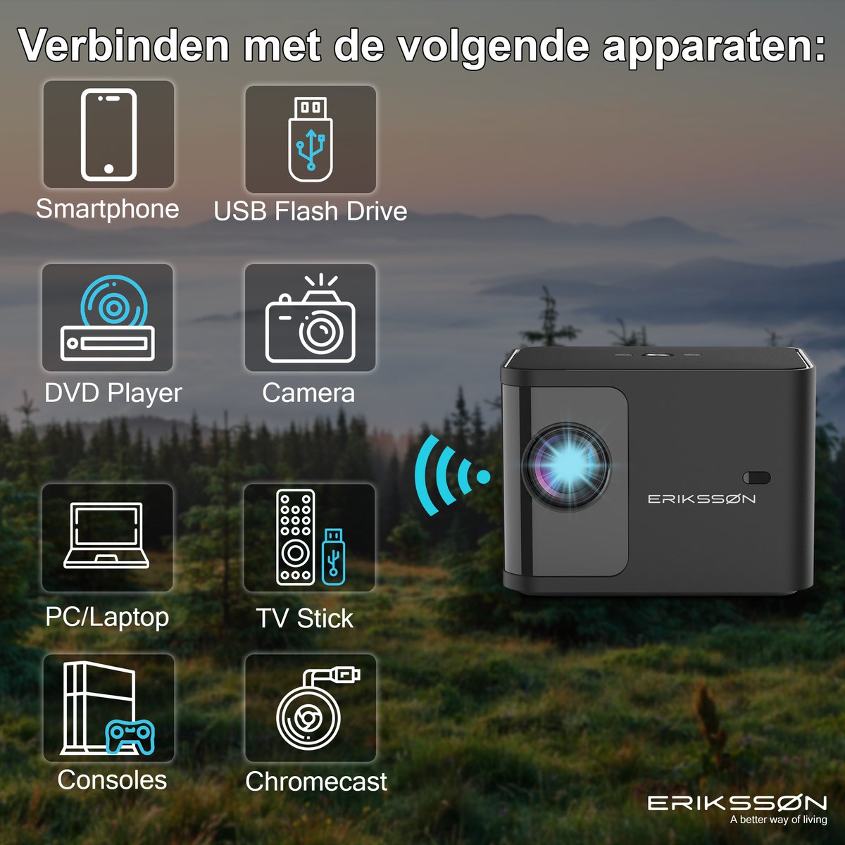 Erikssøn Beamer 1080P Wifi Smart Mini Zwart