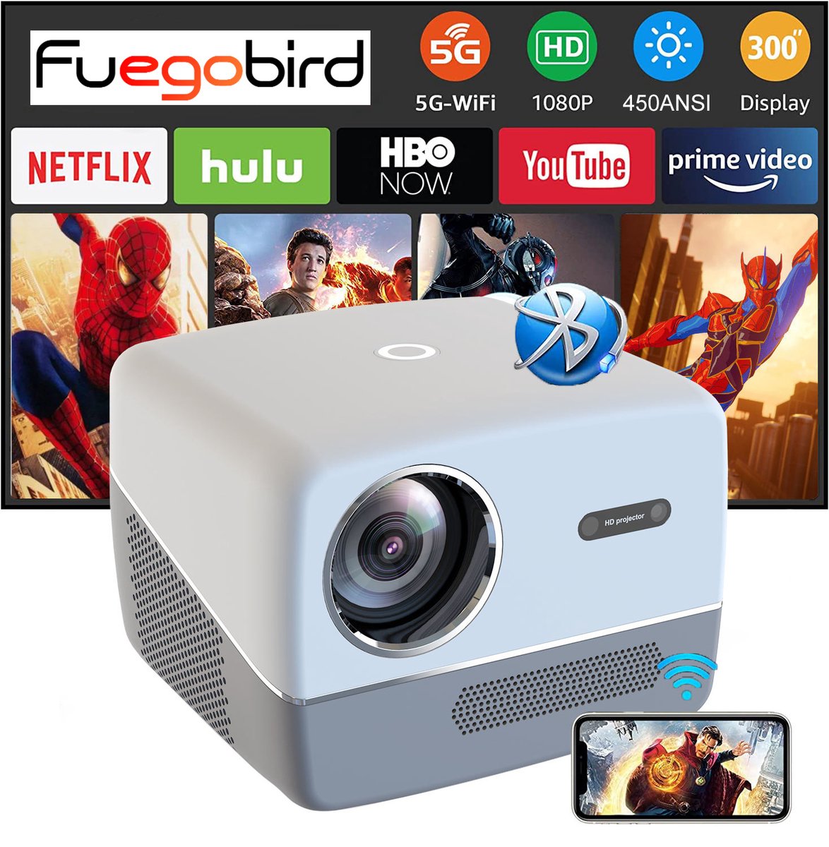 Fuegobird A6 1080P Full HD Smart Projector 2GB RAM 32GB ROM Grijs