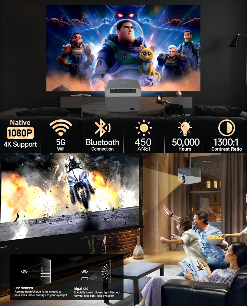 Fuegobird A6 1080P Full HD Smart Projector 2GB RAM 32GB ROM Grijs