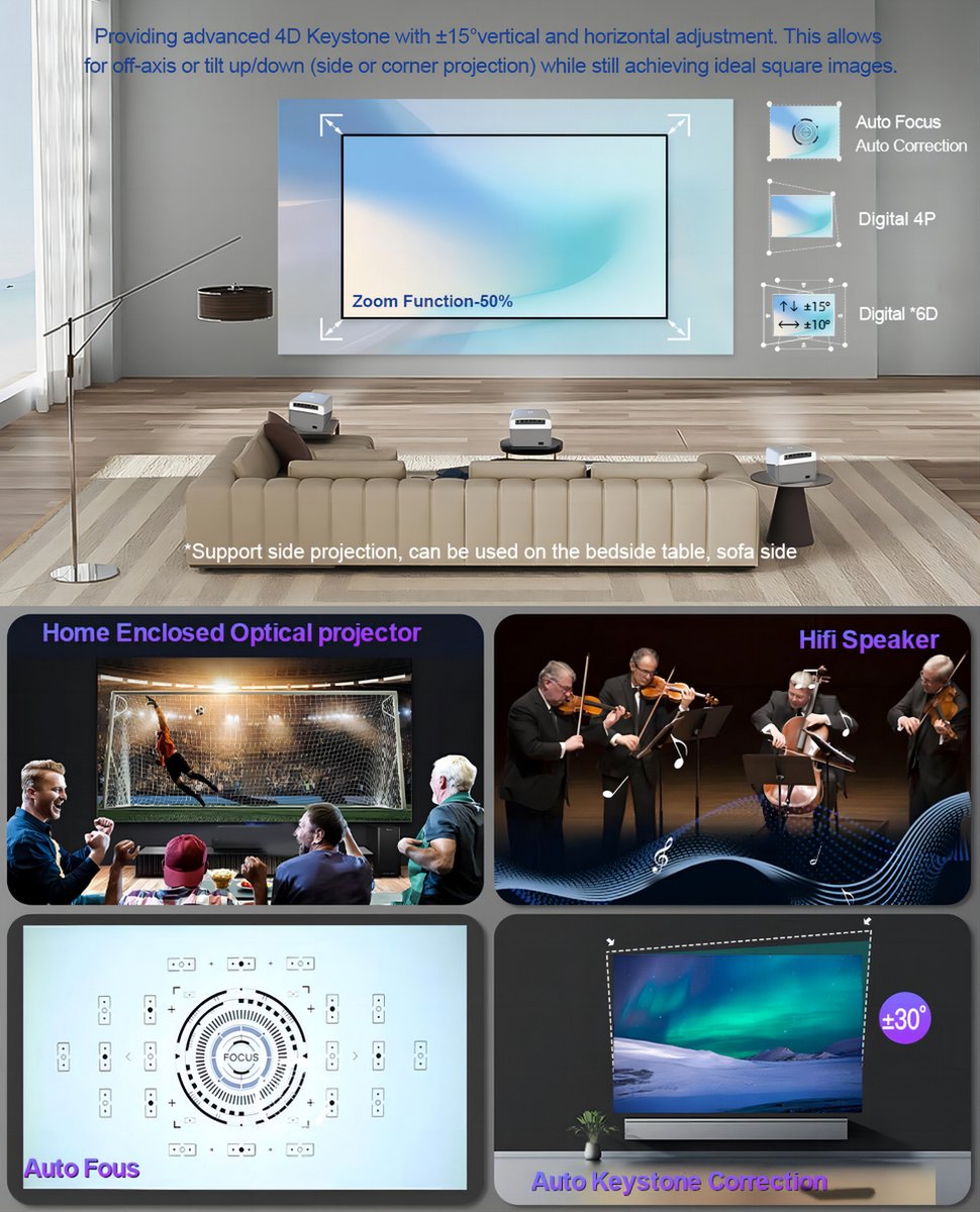 Fuegobird A6 1080P Full HD Smart Projector 2GB RAM 32GB ROM Grijs