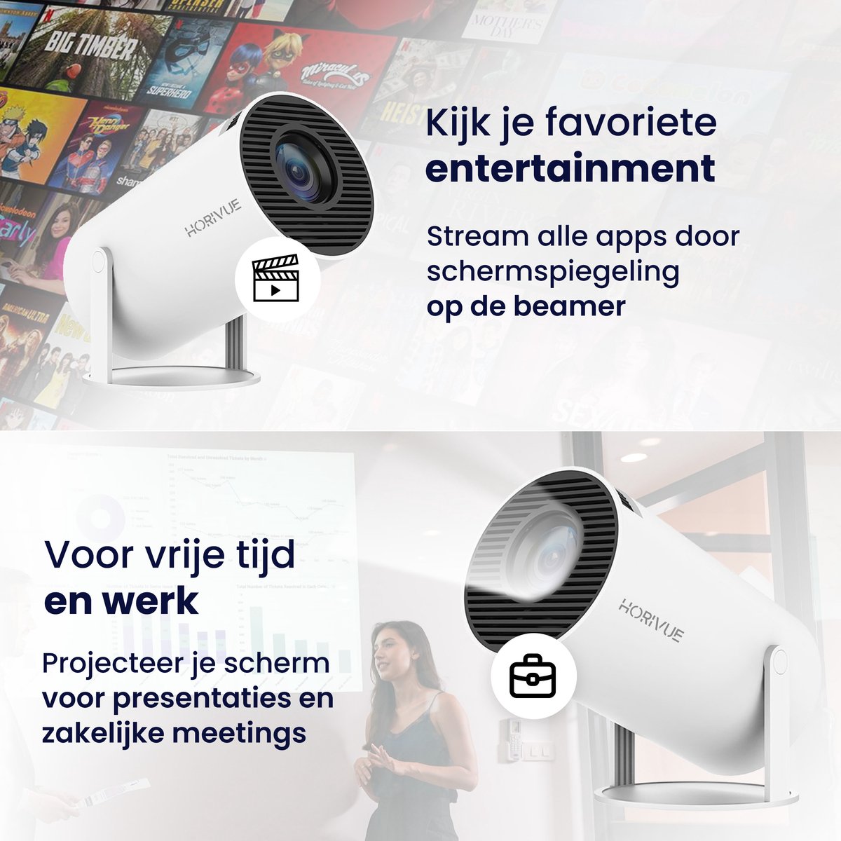 HoriVue Mini Beamer Projector HD 720p Android 12