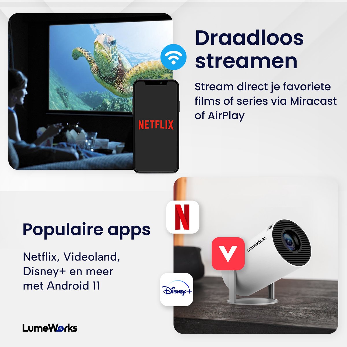 LumeWorks Luna Mini Beamer 4K Android 11 Wit