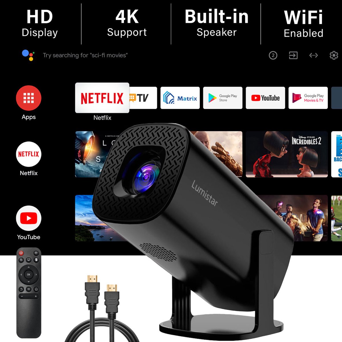 Lumistar Pro Mini Beamer 2025 - Smart TV Projector Zwart