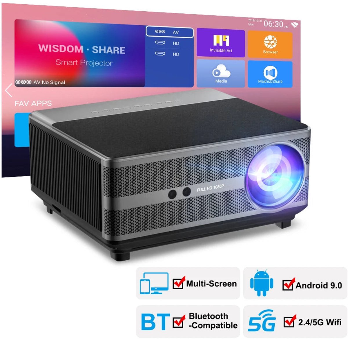 Mini Beamer 1080P 4K Full HD Projector Zwart