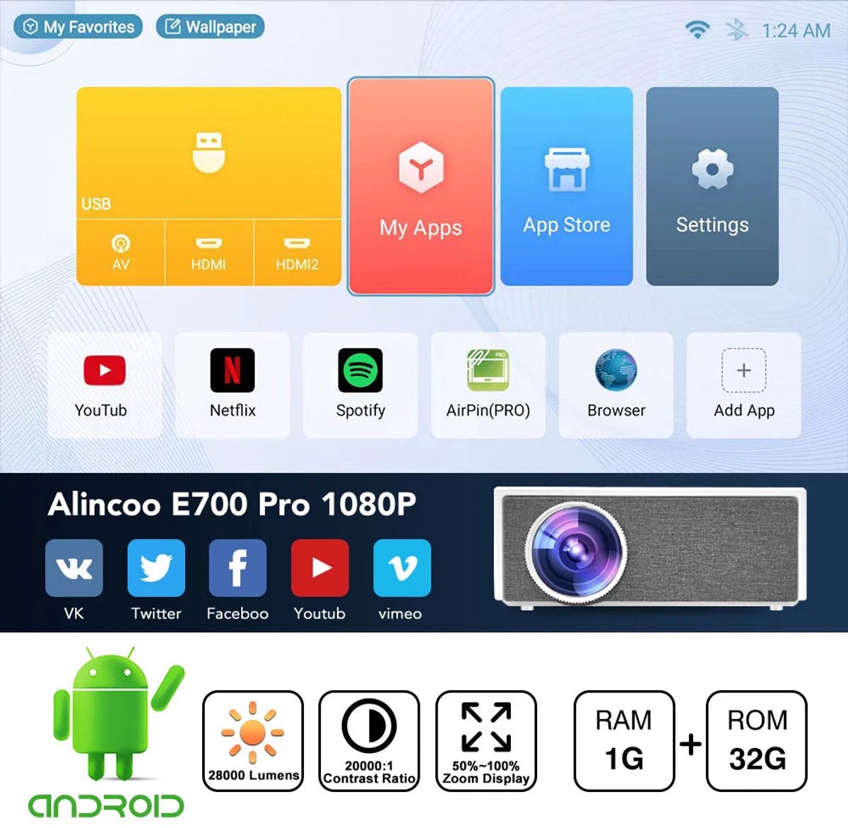 Mini Beamer 4K Full HD 1080P WiFi 28000 Lumen Wit