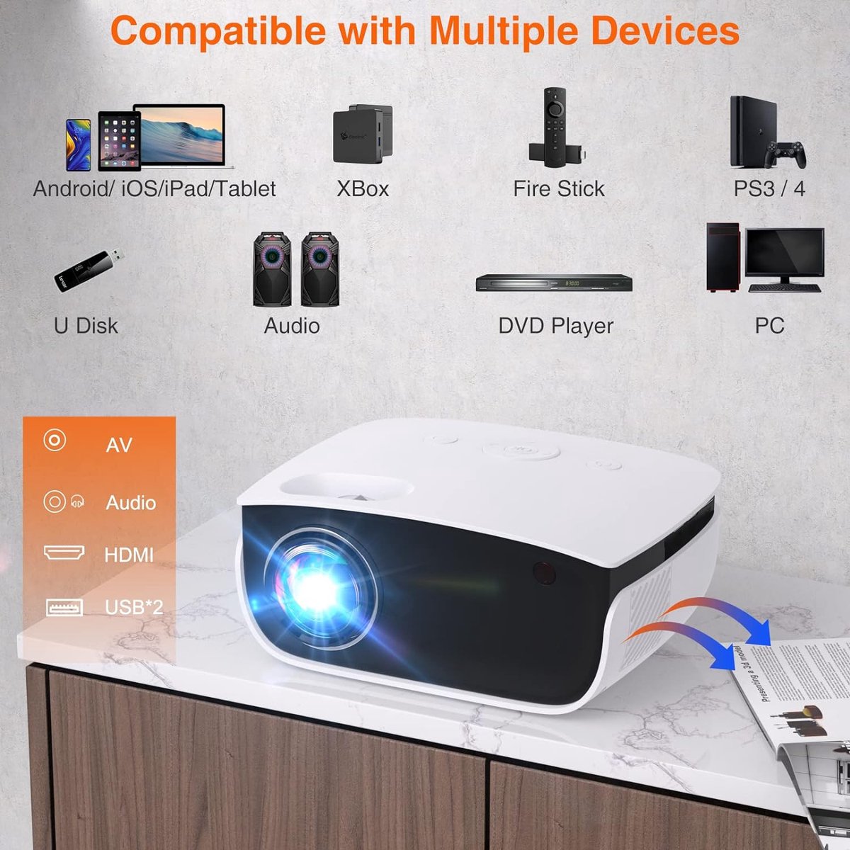 Mini Beamer Full HD 1080P met 100 inch scherm wit