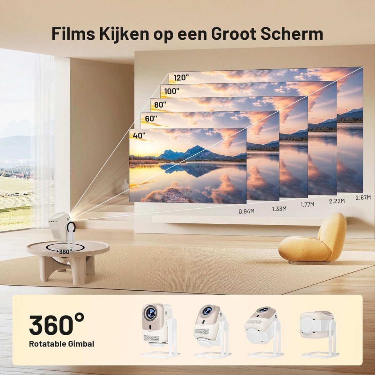 Mini Beamer Projector inclusief Projectiescherm Outdoor & Indoor
