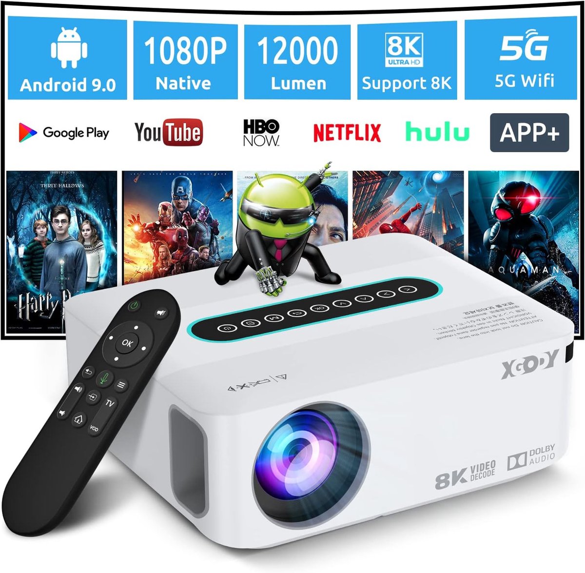 Professionele 4K Beamer Projector Android 9 Bluetooth 12.000 Lumen