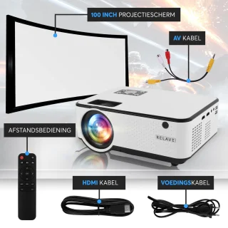 Relave Mini Projector Full HD 6500 Lumens inclusief Projectiescherm