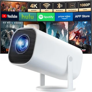 SnelShoppen - 4K Full HD 1080P Mini Projector - Draagbare Projector met WiFi 6, Bluetooth 5.4, 180° Rotatie en Automatische Trapeziumcorrectie voor Fe