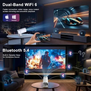 SnelShoppen - 4K Full HD 1080P Mini Projector - Draagbare Projector met WiFi 6, Bluetooth 5.4, 180° Rotatie en Automatische Trapeziumcorrectie voor Fe