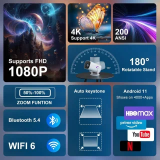 SnelShoppen - 4K Full HD 1080P Mini Projector - Draagbare Projector met WiFi 6, Bluetooth 5.4, 180° Rotatie en Automatische Trapeziumcorrectie voor Fe