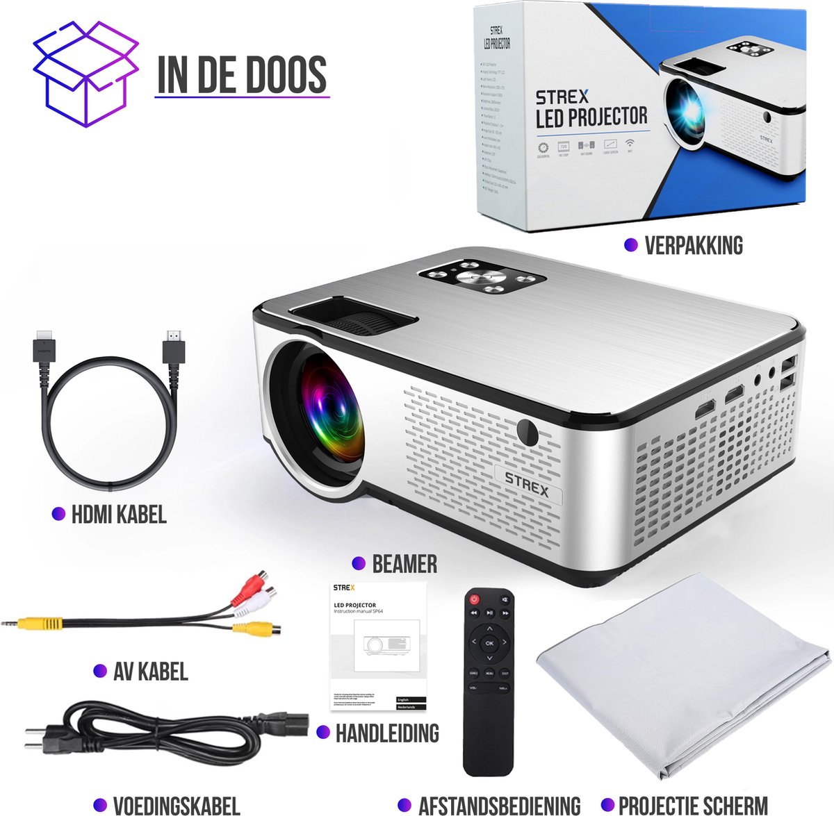 Strex Beamer Full HD 7000 Lumen Mini Projector Met Projectiescherm