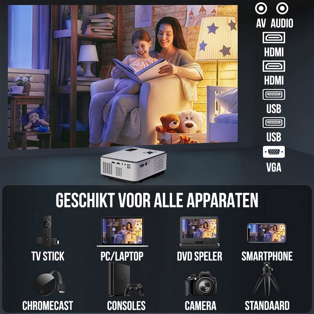 Strex Beamer Full HD 7000 Lumen Mini Projector Met Projectiescherm