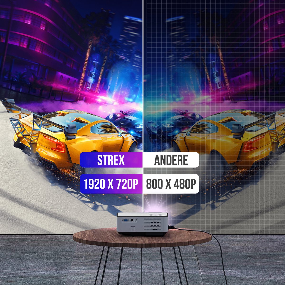 Strex Beamer Full HD 7000 Lumen Mini Projector Met Projectiescherm