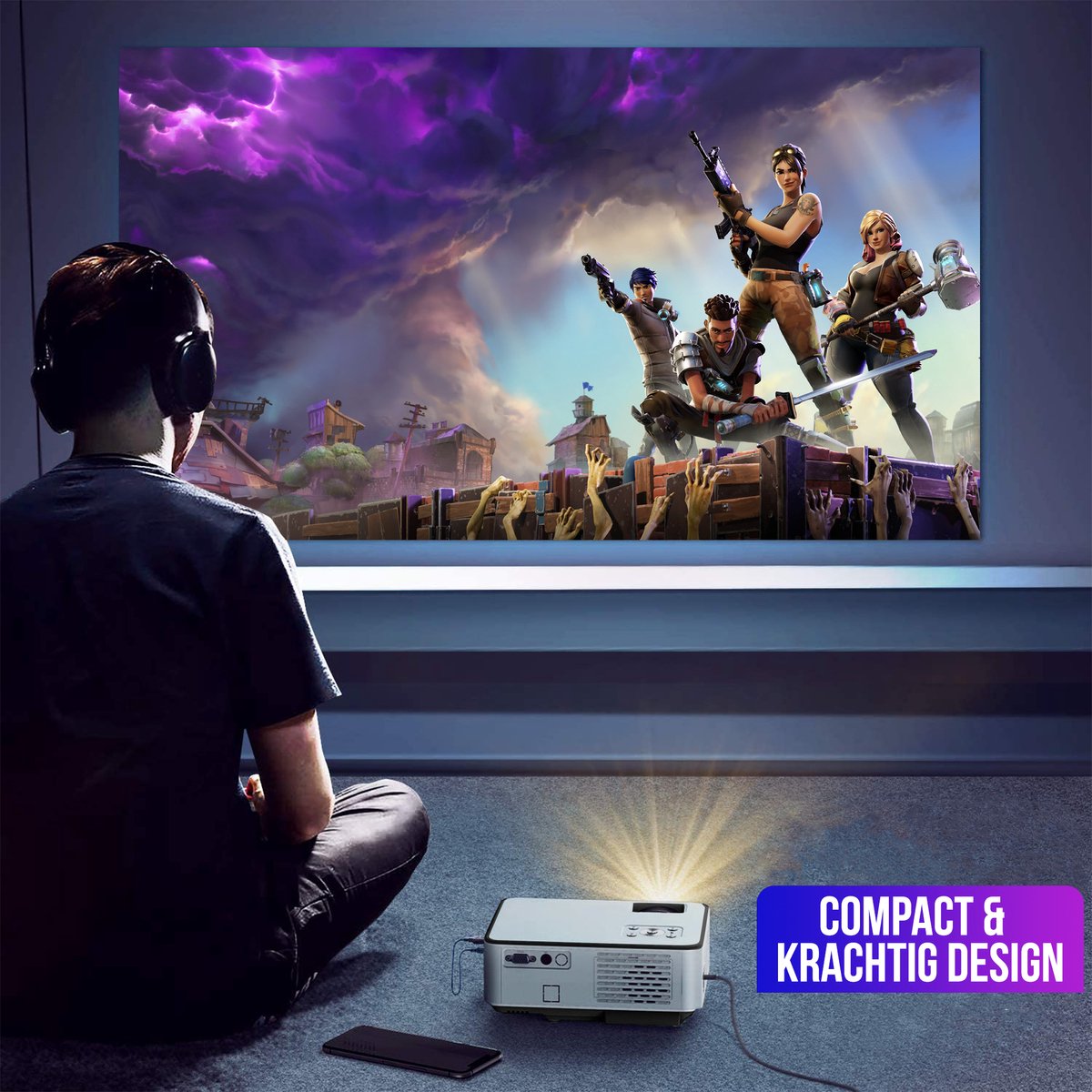 Strex Beamer Full HD 7000 Lumen Mini Projector Met Projectiescherm