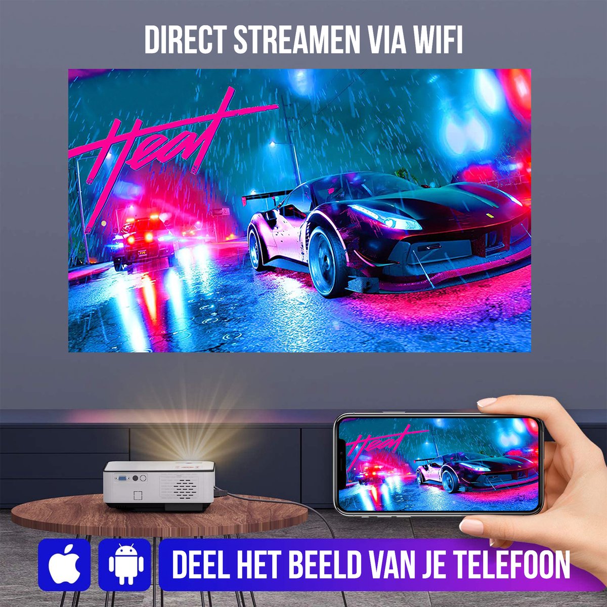 Strex Beamer Full HD 7000 Lumen Mini Projector Met Projectiescherm
