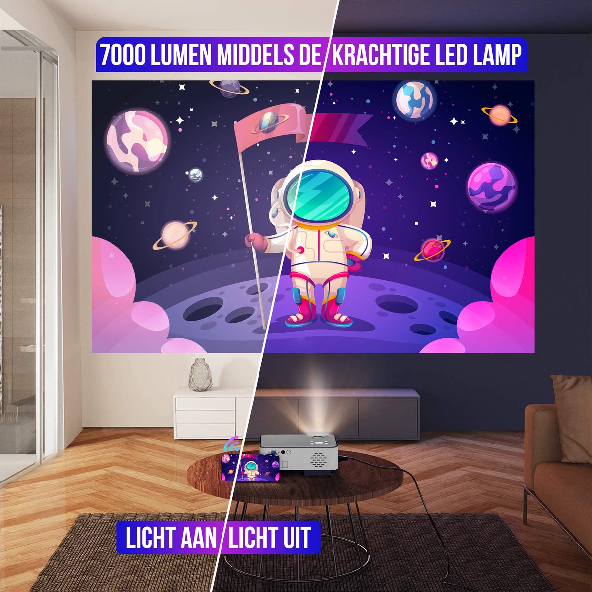 Strex Beamer Full HD 7000 Lumen Mini Projector Met Projectiescherm