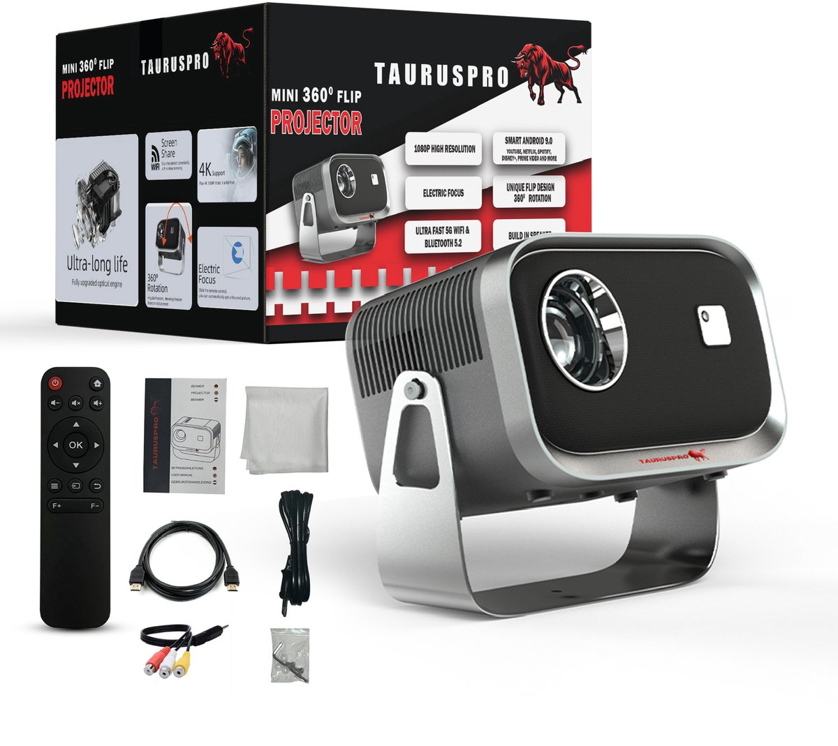 De TAURUSPRO Mini Beamer Full HD 1080p Android 11.0 Draagbare Projector in één oogopslag